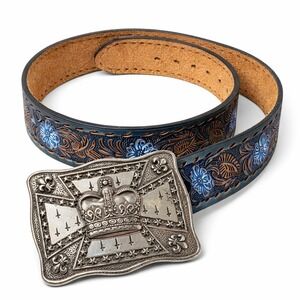 Vintage Tooled Leather Belt Sz 30 Blue Floral Western Saddle Leather Cowboy USA